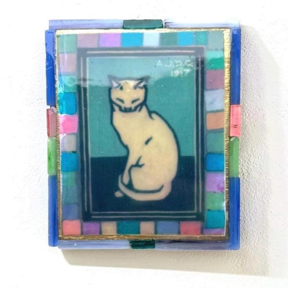 Vintage Cat Print Magnet Stained Glass Mosaic Border Handmade Fridge Magnet Gift